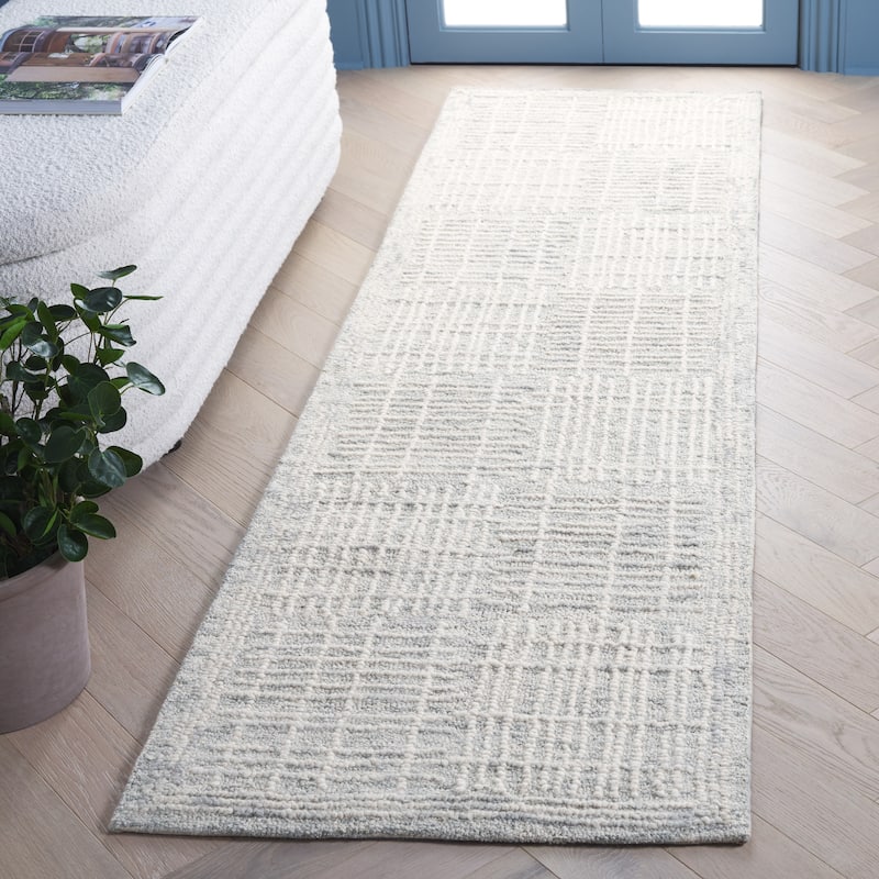 SAFAVIEH Handmade Abstract Anoek Checkered Wool Rug - 2'3" x 7' Runner - Grey/Ivory