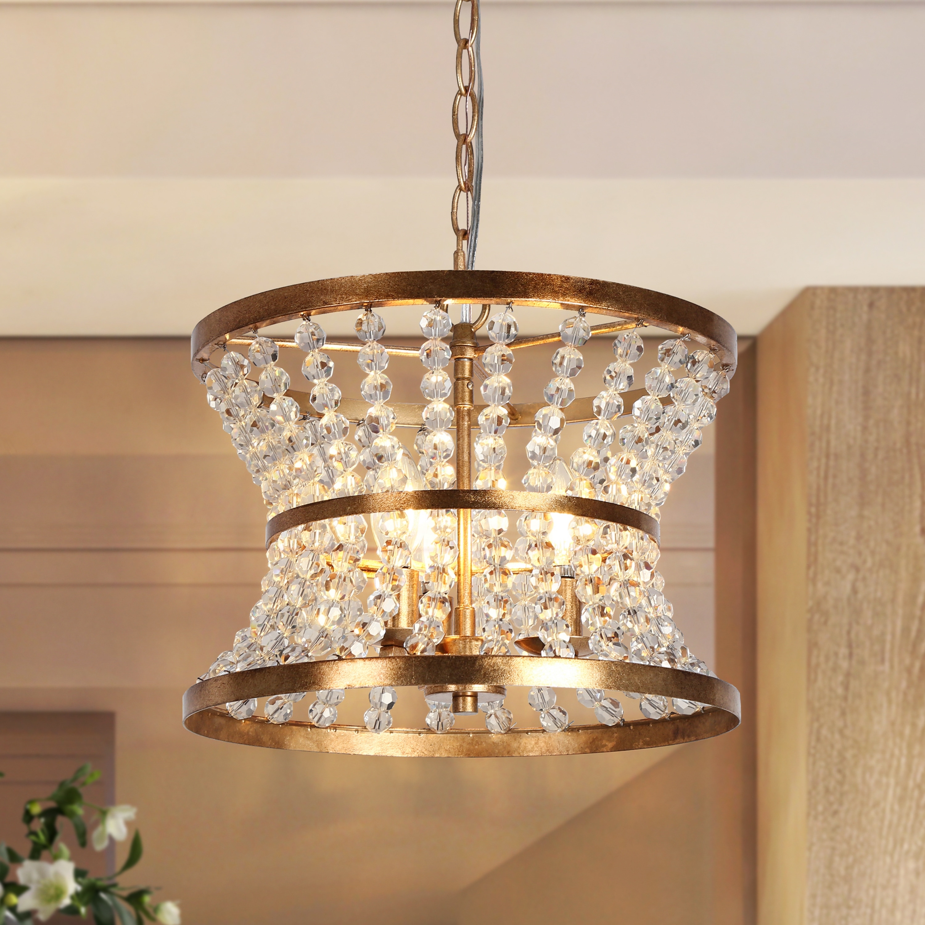 LALUZ Modern 3-Light Gold Crystal Beaded Chandelier Kitchen Island Pendant
