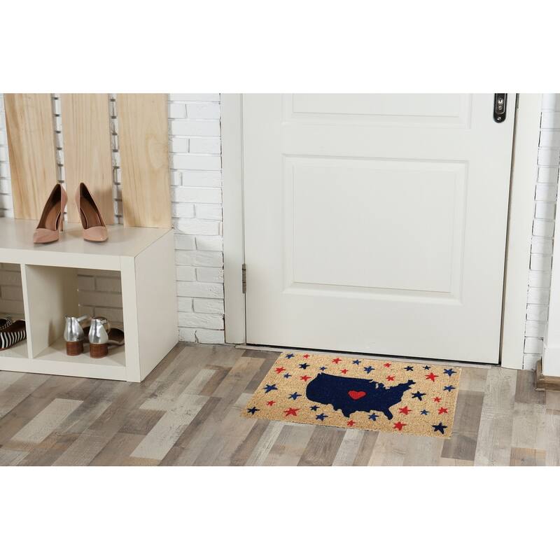 1'6"x2'6" Red White Blue USA Map with Stars Rectangle Indoor and Outdoor Coir Door Welcome Mat Beige Background