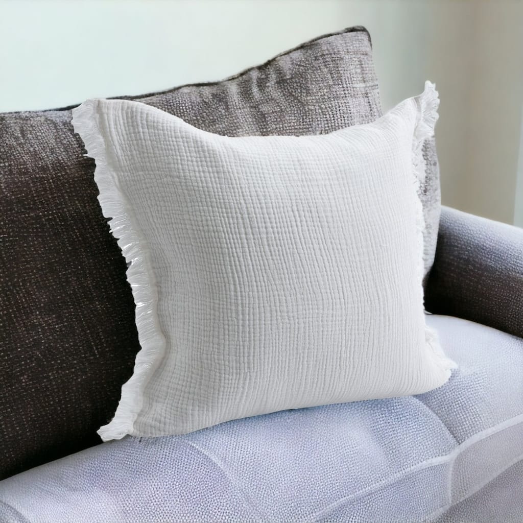 HomeRoots 20" X 20" White Cotton Zippered Down Pillow With Fringe