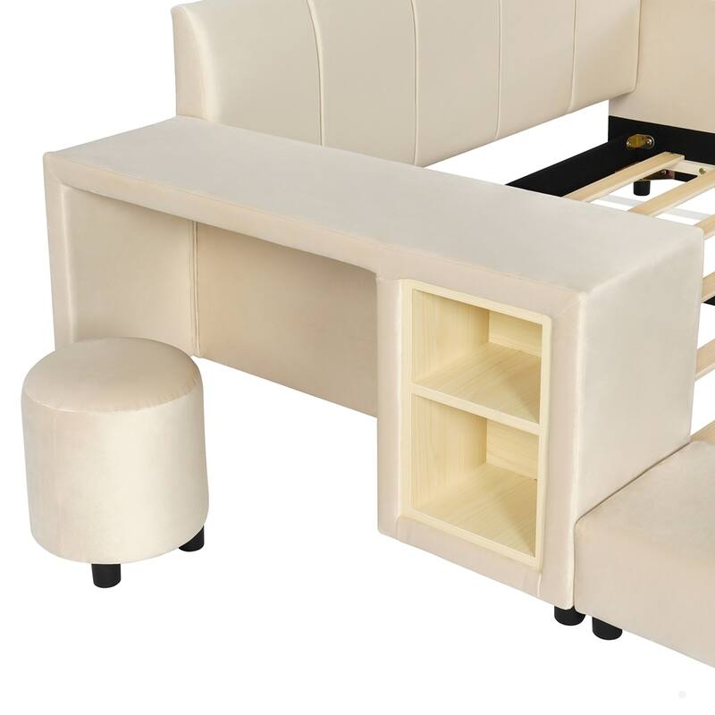 Upholstered Grounded Bed Mother & Child Bed with Bedside Desk and Little Round Stool