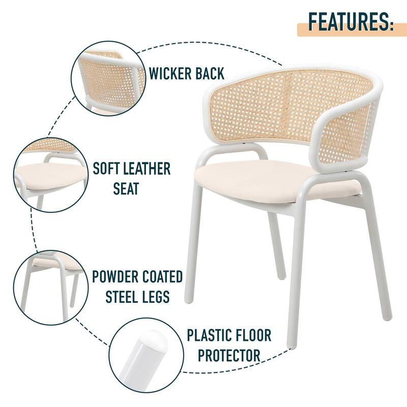 LeisureMod Set of 2 Minimalist Leather Dining Chairs with Wicker Back in Steel Frame - Side Chair for Home Office & Kitchen