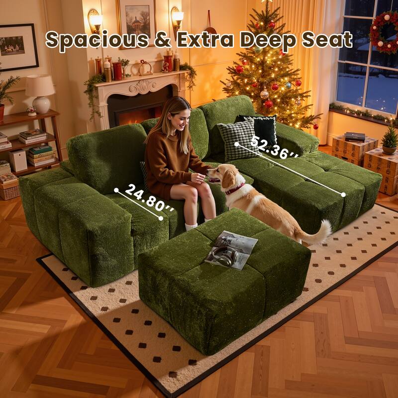 HOOOWOOO Modern Sparkly Velvet Fabric Chaise Sofa Couch with Ottoman