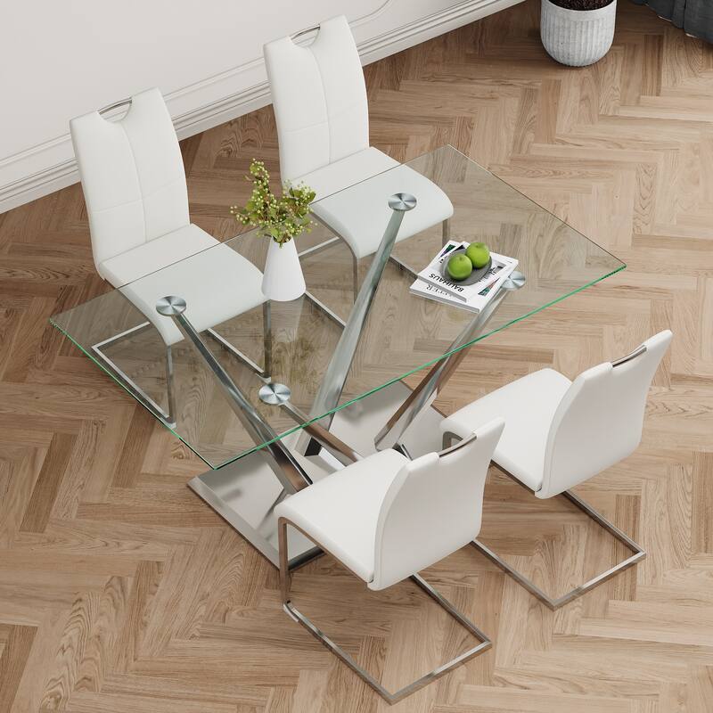 63" Glass Dining Table Set for 4, 5 Piece Dining Table and Chairs Set, Rectangular Table with 4 Faux Leather Chairs & Metal Legs