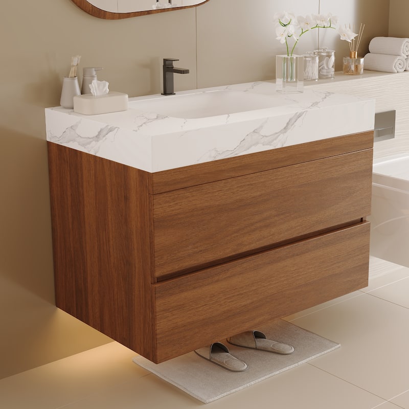 29.9" Modern Floating Bathroom Vanity with Faux Marble Top and Ceramic Undermount Sink, Wall-Mounted for Small Bathrooms