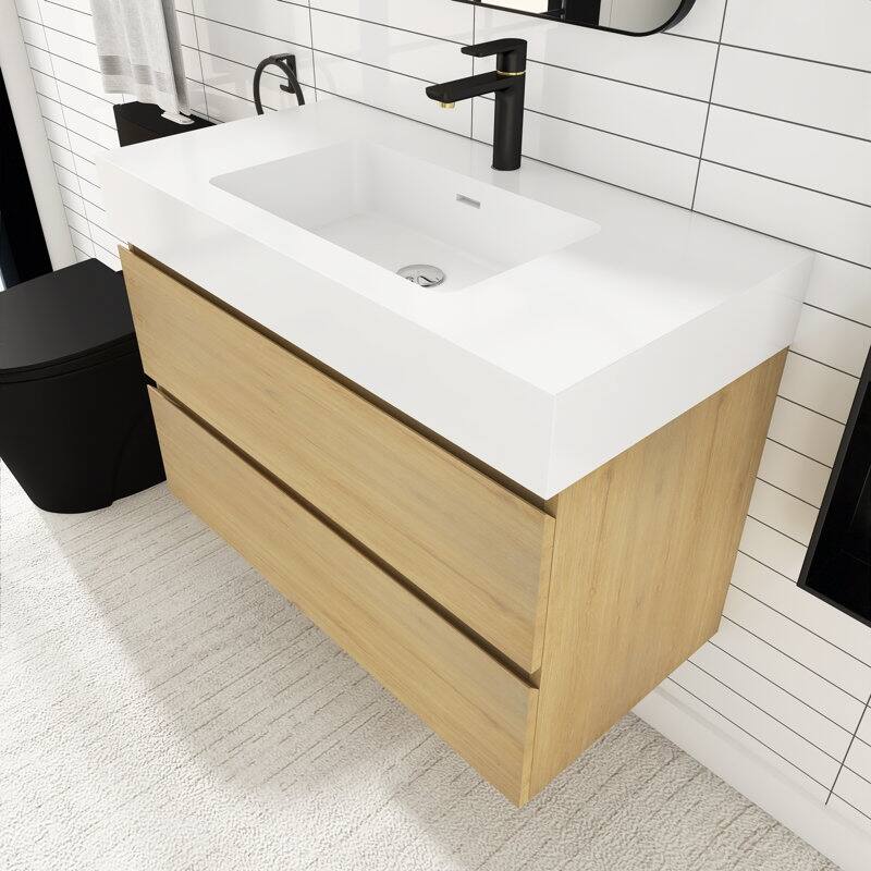 24/30/36 inch Wall-Mounted Bathroom Vanity Set in Oak with Integrated Resin Sink