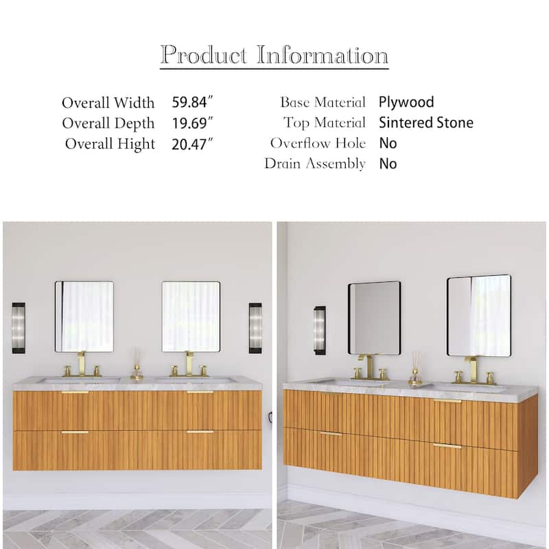 60" Wall-Mounted Bathroom Vanity with Ceramic Sink - 59.84'' x 19.69'' x 20.47''