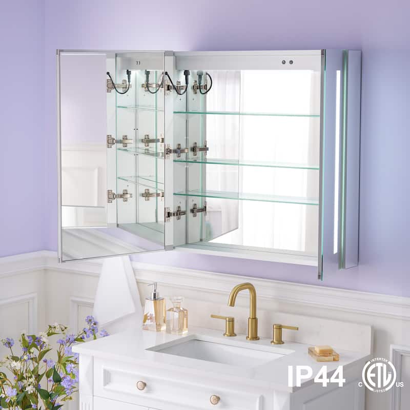 Recessed or Surface 30" H LED Mirror Cabinet with Adjustable Glass Shelves,Defogger, Dimmer And Outlets & USB Ports