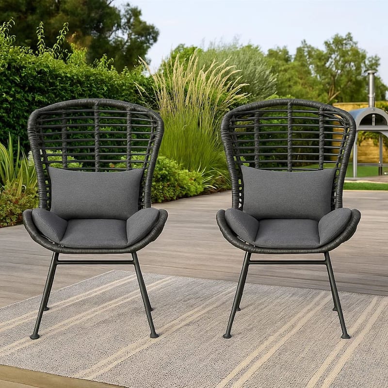 Outdoor Round Accent Chair Set of 2, Gray Faux Rattan, Black Iron