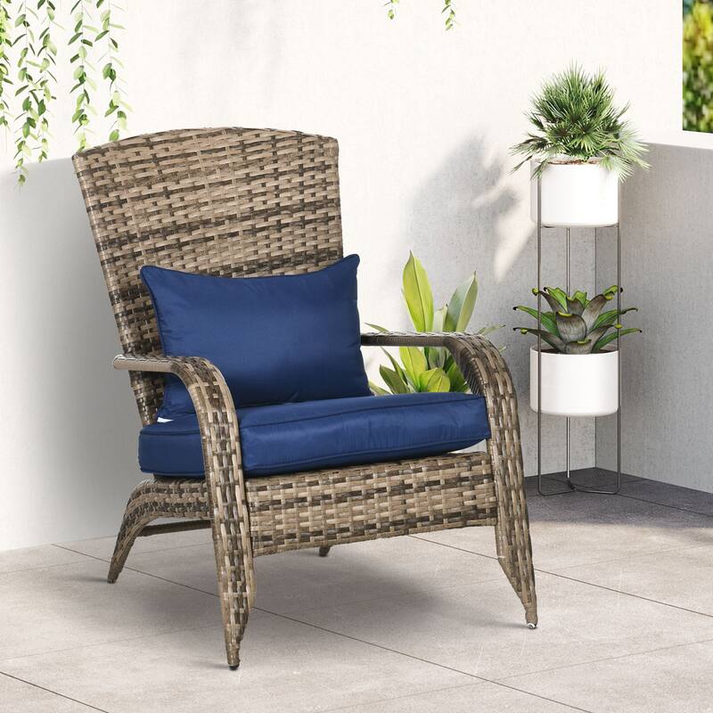 Outdoor Wicker Adirondack Chair, Patio Fire Pit Chair with Soft Cushions, Tall Curved Backrest & Armrests
