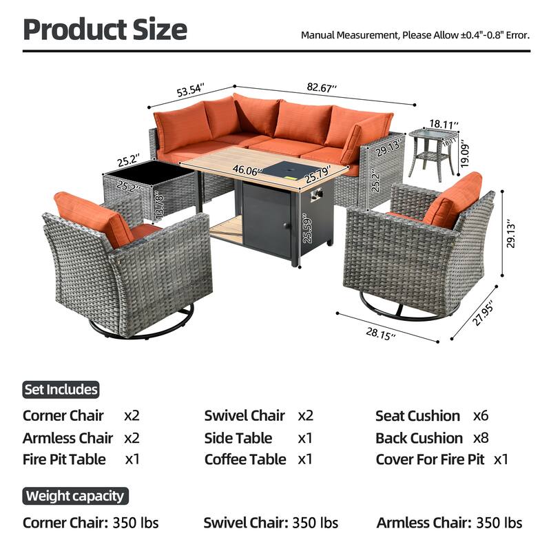XIZZI 9-piece Outdoor Patio Wicker Sectional Sofa Set with Fire Pit Table