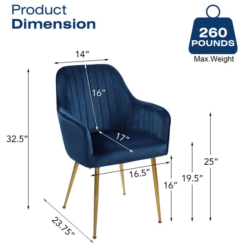 Velvet Accent Dining Chairs with Gold Metal Legs Set of 2