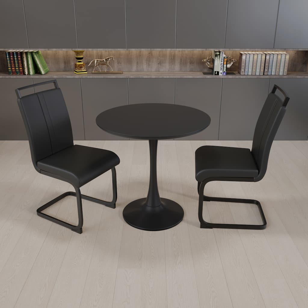 Minimalist Round Kitchen Table Set with 2 Black PU Upholstered Chairs, Black Table & Chairs Set Bar Set