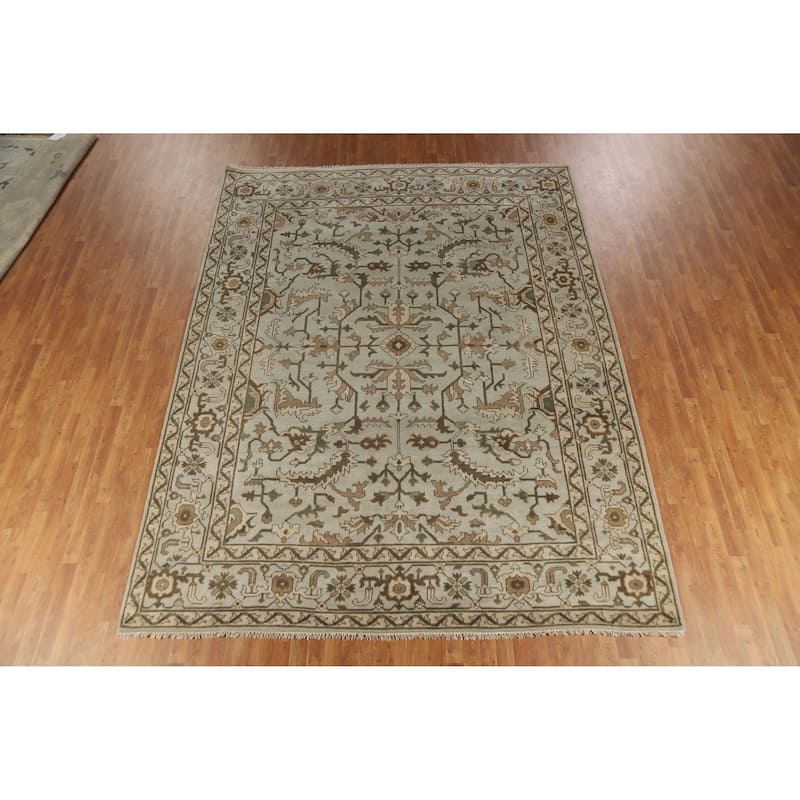 Earth Tone Oushak Area Rug Hand-Knotted Floral Beige Wool Carpet - 9'3" x 12'1"