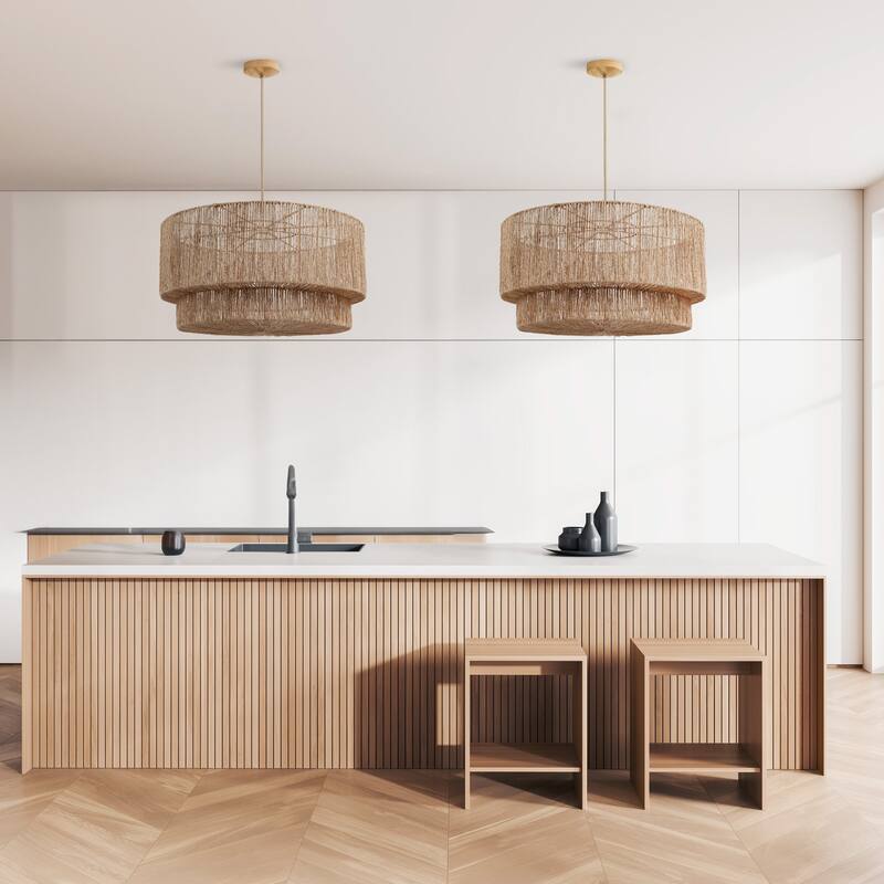 Luminous Rattan Pendant Light - Natural Drum Handwoven Light Fixture For Modern, Transitional, Farmhouse, Boho Room Décor.