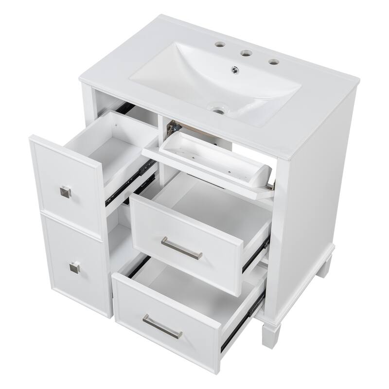 30" Bathroom Vanity with Ceramic Sink, Flip-Out Drawer, Soft Close Doors & Drawers Cabinet with Solid Wood Legs