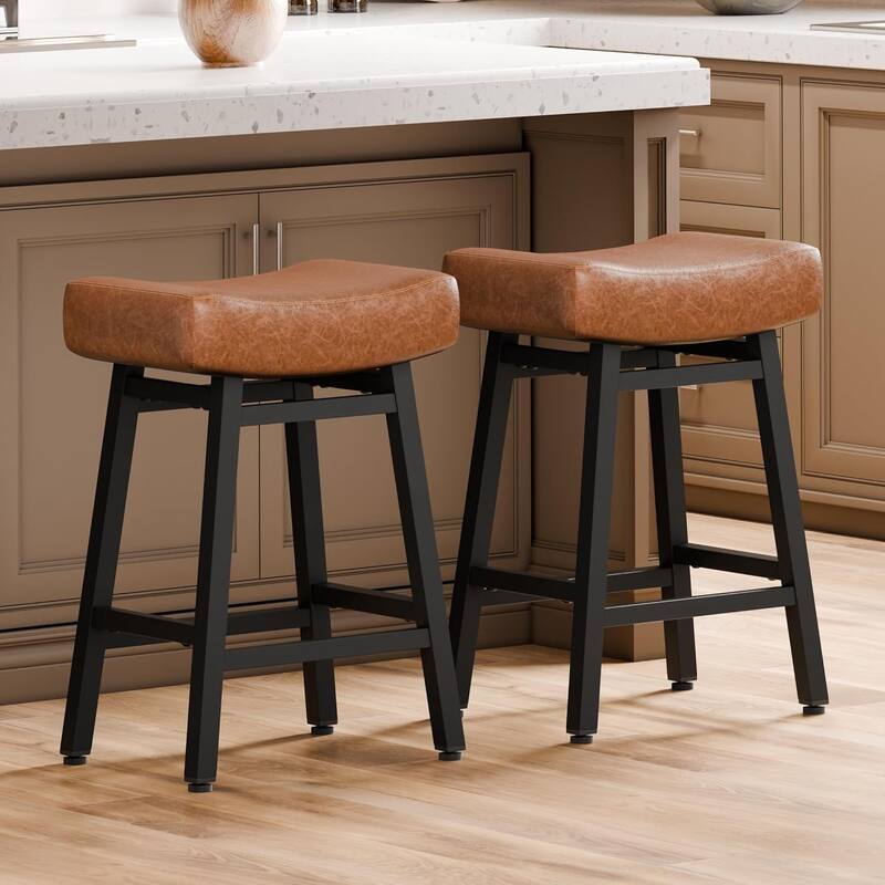 XINMICS 24 Inches Bar Stools, Saddle Kitchen Stools with PU Leather Cushion Counter Height Barstools for Kitchen Dining Cafe - Set of 2 - Brown