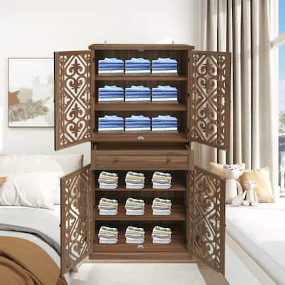 4 Door Cabinet wardrobe with 1 Drawer, 4 Adjustable Inner Shelves Cabinet door with Hollow Carving Design