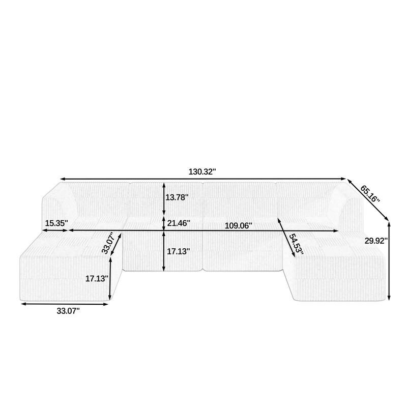 130.32" Corduroy U-shaped Modular Sectional Sofa with Wider Arms and Backrests