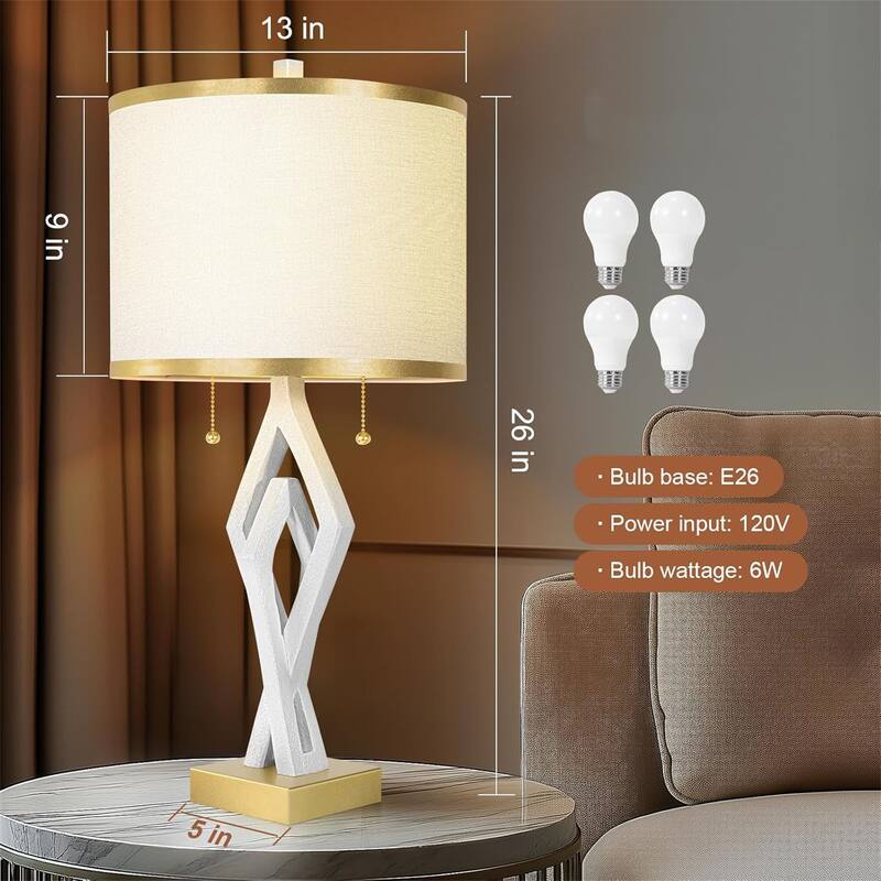 26” Modern Bedside Lamp with White Linen Gilt Shade