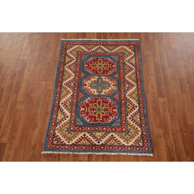 Kazak Oriental Accent Rug Hand-Knotted Blue Geometric Wool Carpet - 3'2"x 4'7"