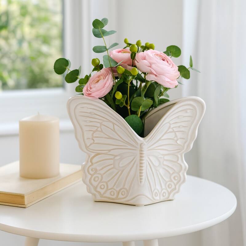 Butterfly Ceramic Planter or Flower Pot - 7", Ivory
