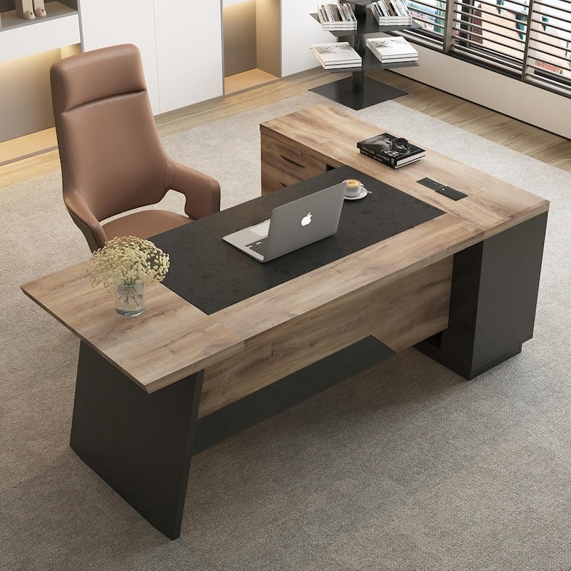 WESOME 78.74in Modern L-Shaped Executive Desk with Drawer 2-Tier Storage Shelves Cabinets - Left Return+Cabinet - Black/Warm Oak