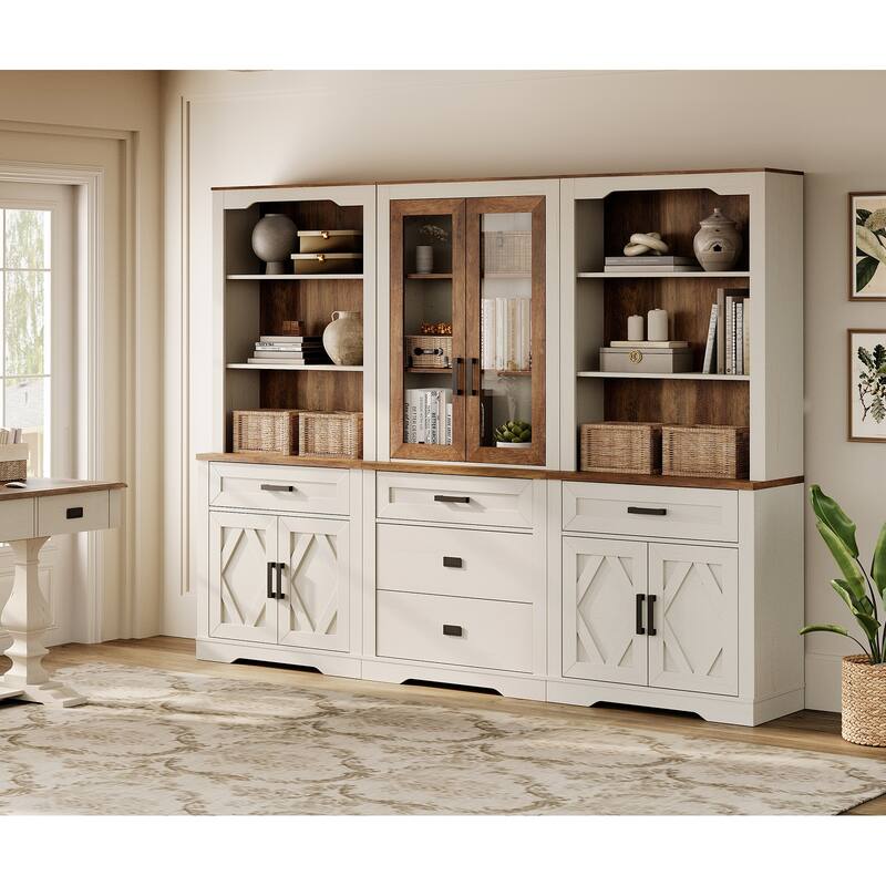 3-Column 73.3" Tall Bookshelf Set with Open Storage and Glass Doors