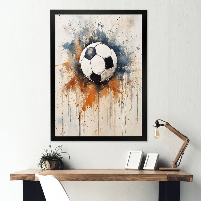 Designart "Wolrd Cup Beige Soccer Ball" Soccer Wall Decor White - Modern Entryway Framed Wall Art Print - 24 in. wide x 32 in. high - Black