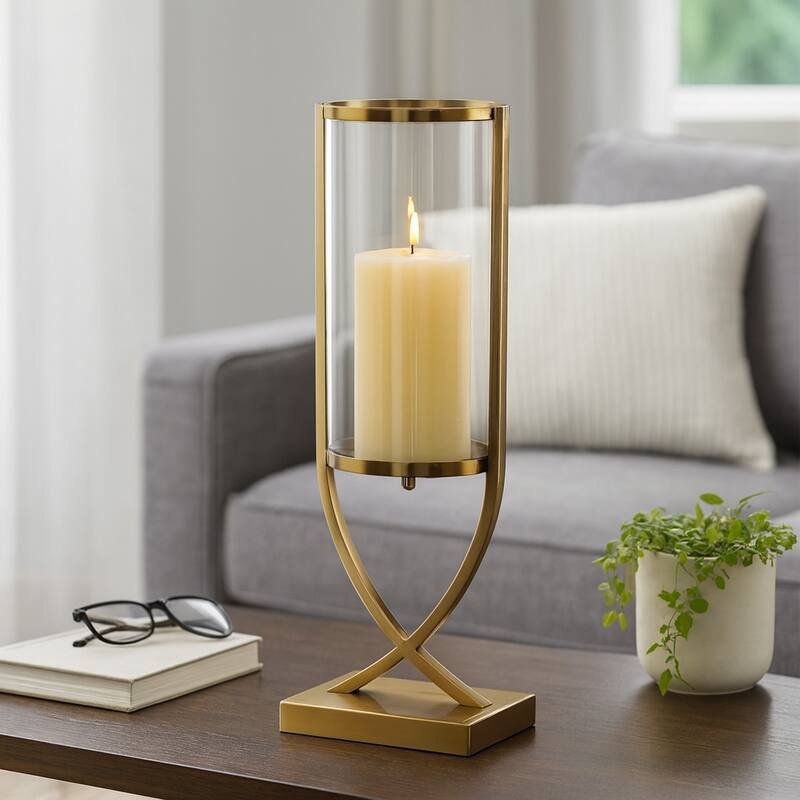 Modern Glass Pillar Candle Holder Decorative Lantern with Steel Frame