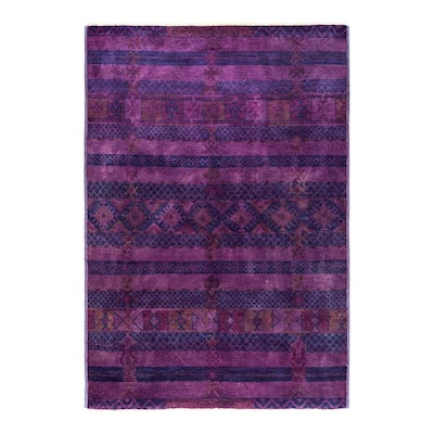 Overton Hand Knotted Wool Vintage Inspired Modern Contemporary Modern Purple Area Rug - 6' 1" x 8' 9"