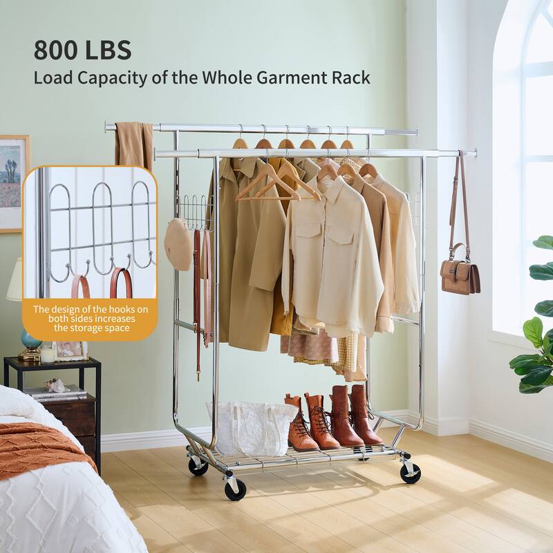 Heavy Duty Clothes Rack, 600/800 lbs Clothing Racks with Wheels, Rolling Garment Rack Collapsible
