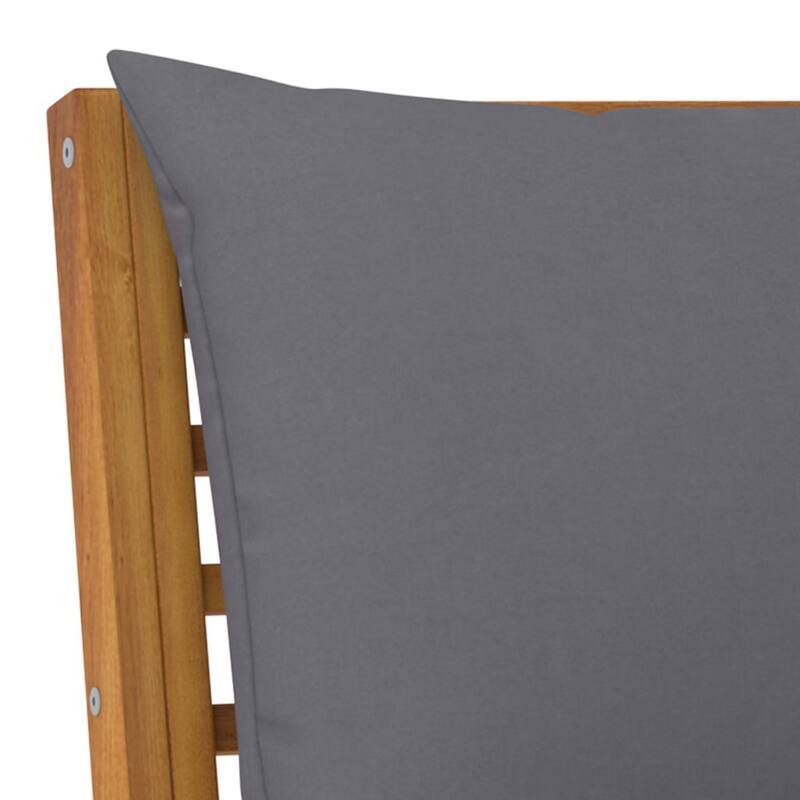 Outdoor Bench, Gray Fabric Cushions, Slatted Brown Solid Acacia Wood