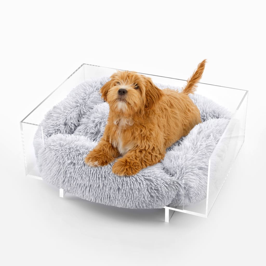 Carole 24" x 18" Small/Medium Modern Lucite Calming Fluffy Pet Bed with Washable Cushion, Light Gray/Clear