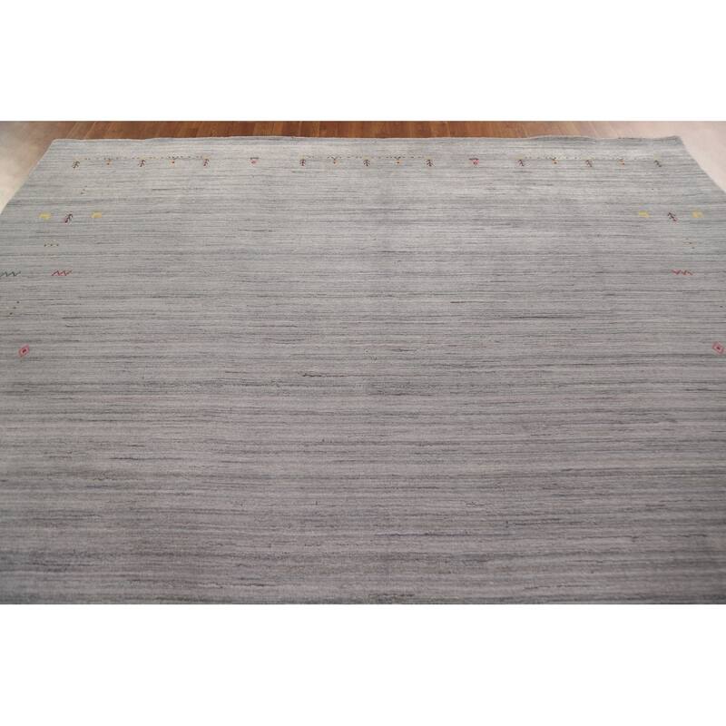 Striped Gabbeh Indian Area Rug Hand-Knotted Grey Wool Carpet - 9'0"x 11'8"