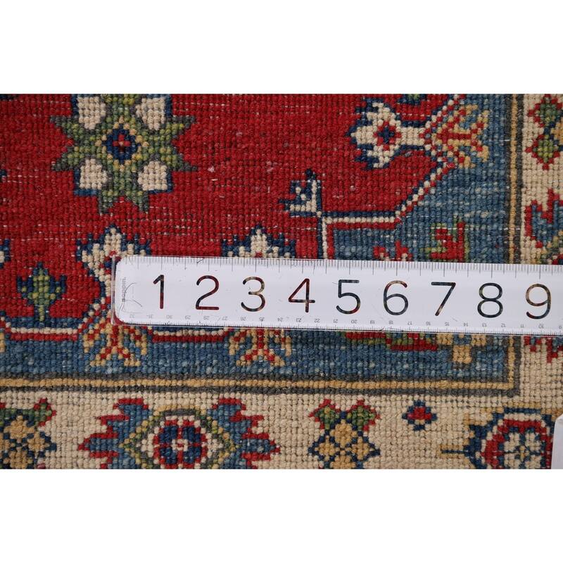 Red Geometric Kazak Accent Rug Hand-Knotted Wool Carpet - 3'5" x 4'10"