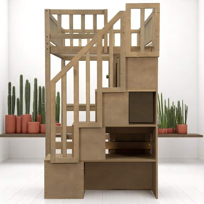 Wood Twin Loft Bed with Desk, 6 Cabinets, LED Strip, Shelves & Stair Storage - No Box Spring Needed