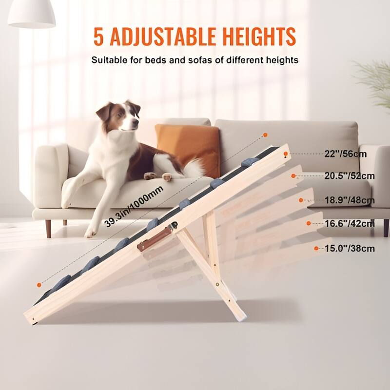 Natural-Black Wood Dog Ramp with Non-Slip Rubber and Adjustable Height