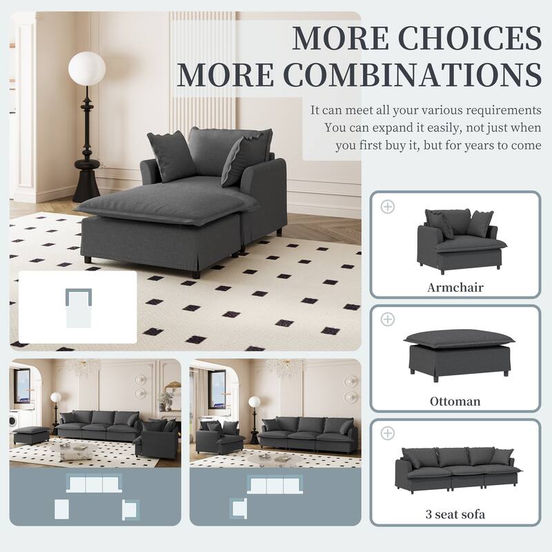 DIY Free Combination Sofa Set with Throw Pillows, Chenille Modular Sectional Sofa for Livingroom Upholstered Cloud Couch - Gray - 1 Seat+ Ottoman