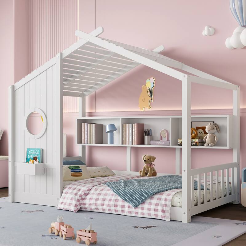 Twin Size Floor House Bed for Kids with Storage Shelf and Roof Design, White