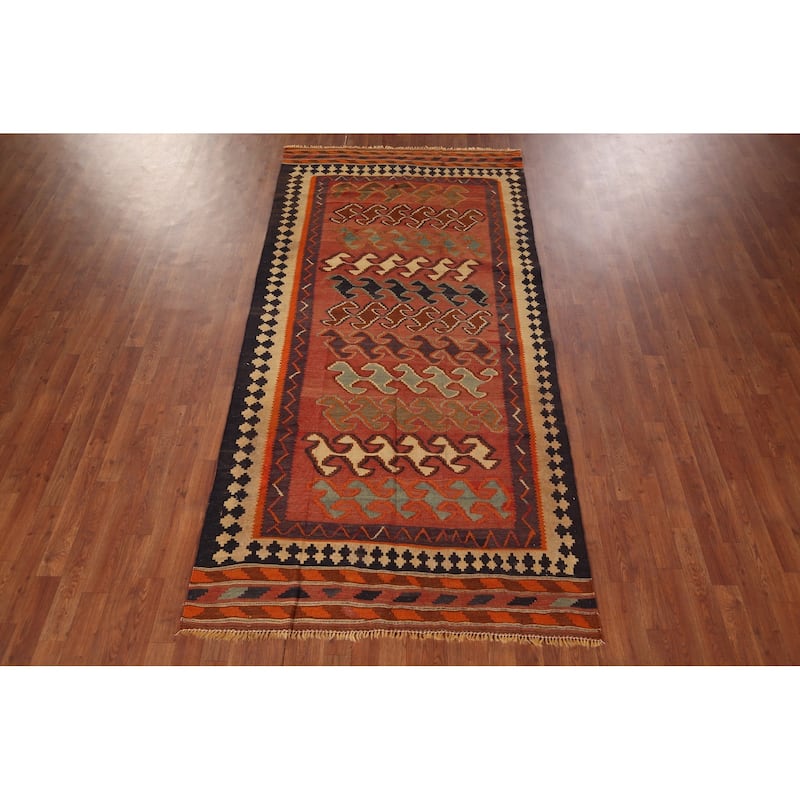 Vegetable Dye Kilim Qashqai Persian Runner Rug Flatweave Wool Carpet - 4'4"x 9'0"