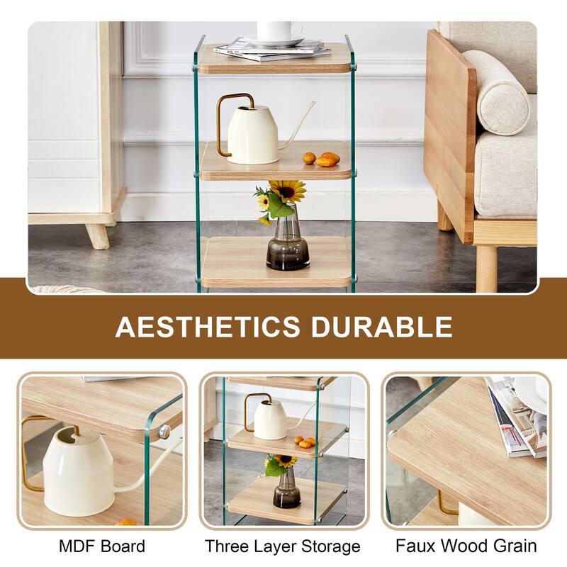 14" Modern Square Side Table with Tempered Glass Legs and Storage Shelfs for Living Room or Bedroom