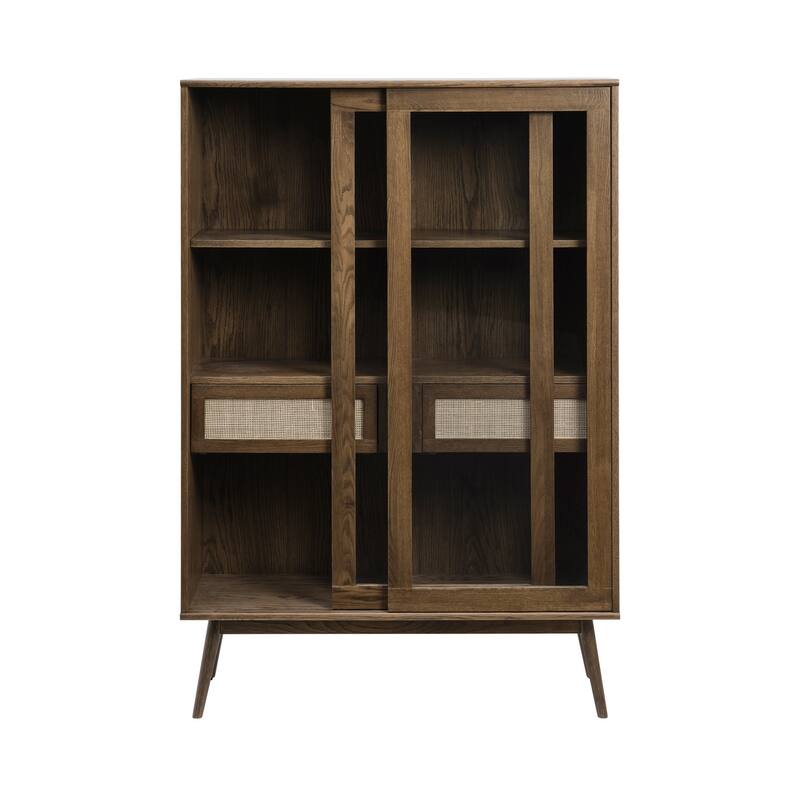 Rye Studio Bailyn Modern Oak and Rattan Sliding Glass Door Cabinet, Smoked Oak