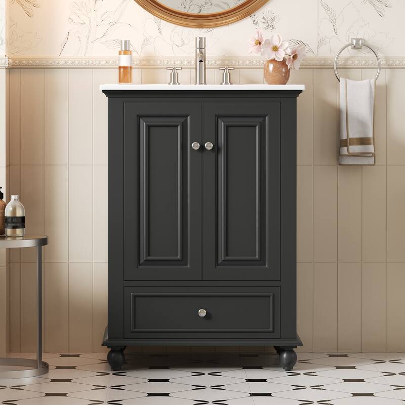 Soft Closing Doors Bathroom Vanity Cabinet with Ceramic Sink - Black - 24 Inch