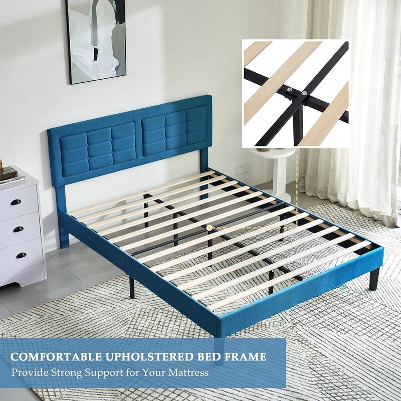 Modern Upholstered Platform Bed Frames with Adjustable Headboard,Blue Beds
