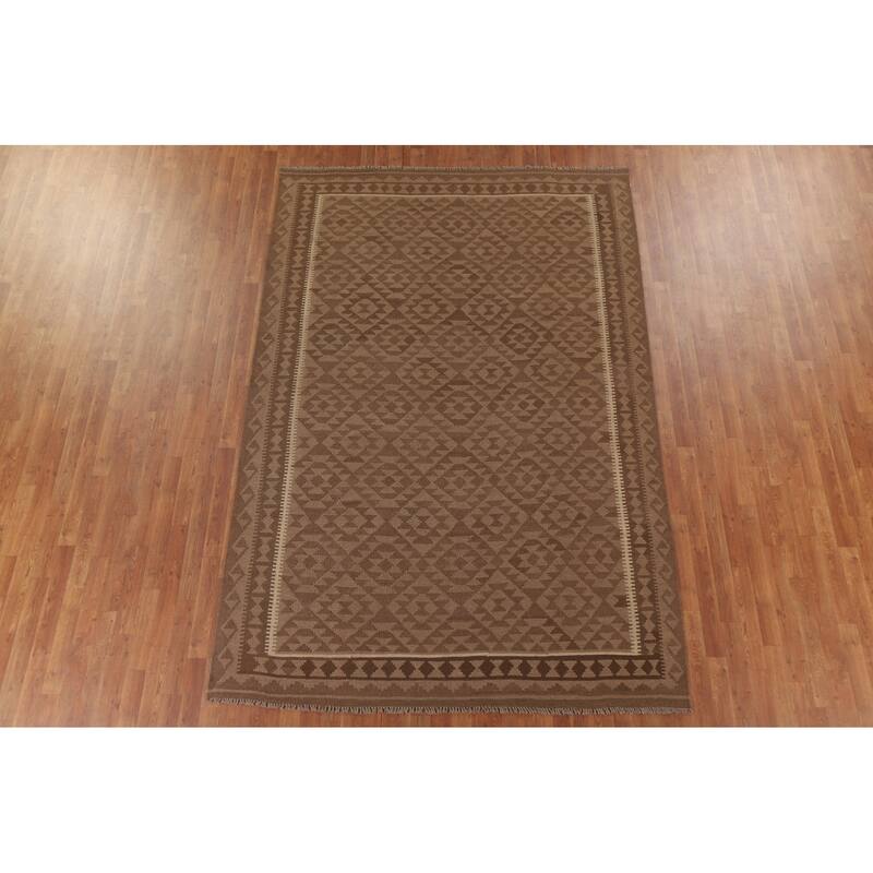 Hand Woven Oriental 100% Wool Carpet Southwestern Geometric Brown Kilim Area Rug - 9' 11'' X 6' 7''