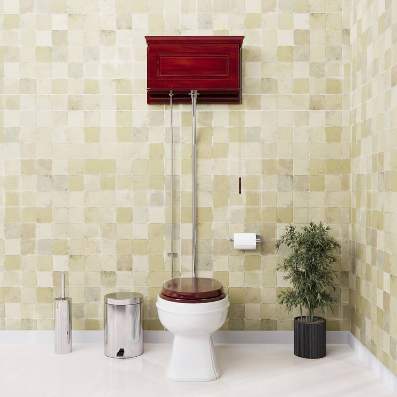 Cherry Wooden High Tank Toilet Raised Tank, Elongated White Bowl and Chrome L Pipes