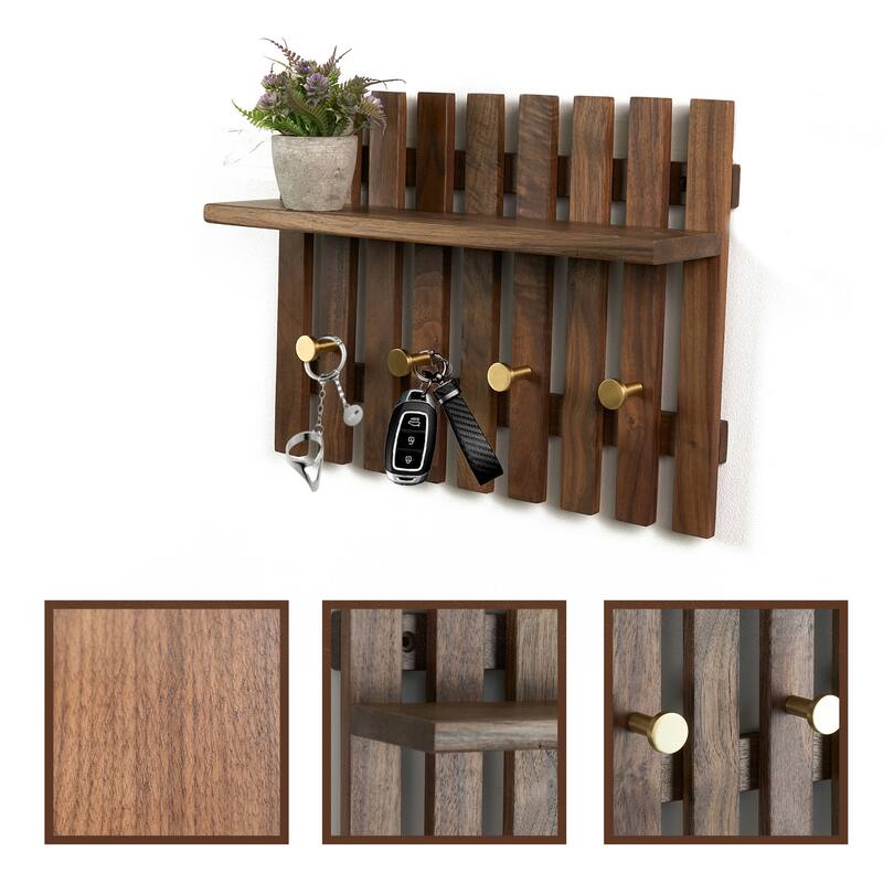 Dark Solid Wood Wall Organizer With Tray Storage - 15.35" L