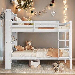 Elegance Twin over Twin Wood Bunk Bed with Shelves Headboard and Ladder, Convertible to 2 Beds