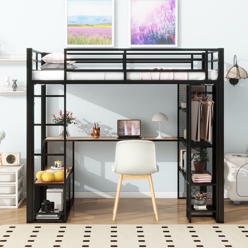 Full Size Metal Loft Bed with Built-In Desk, Open Wardrobe, Storage Shelves & Guardrails